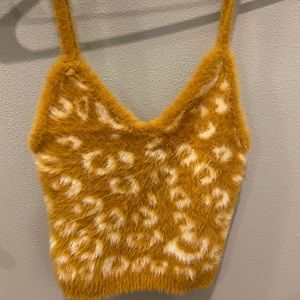 Forever 21 Yellow print Strap Faux Fur Crop Top